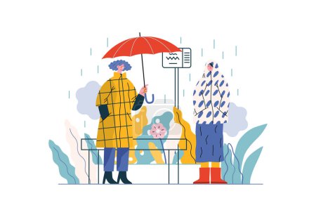 Gegenseitige Unterstützung: Einem Fremden einen Regenschirm anbieten - modernes Flachvektorkonzept Illustration eines Regenschirms an einer Bushaltestelle Eine Metapher freiwilligen, gemeinschaftlichen Austauschs