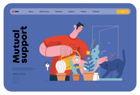 Mutual Support: Look after neighbors house -modern flat vector concept illustration of man watering plants, looking after neighbors cat A metaphor of voluntary, collaborative exchanges of services