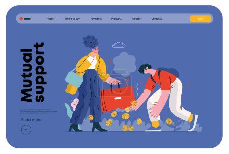 Mutual Support: Pick up fallen item -modern flat vector concept illustration of man collecting fruits that fell from womans bag A metaphor of voluntary, collaborative exchanges of resource, services
