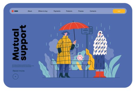 Mutual Support: Offer an umbrella to a stranger -modern flat vector concept illustration of a at a bus stop in the rain offering an umbrella A metaphor of voluntary, collaborative exchanges