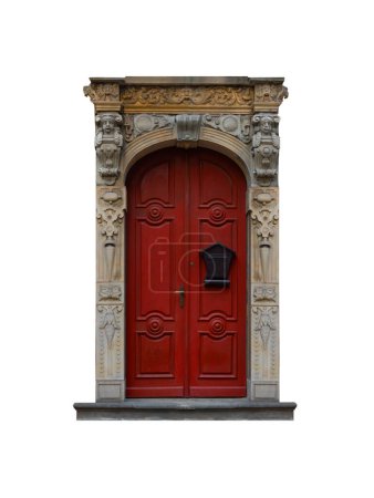 Foto de Puertas rojas de madera con puerta aislada sobre fondo blanco - Imagen libre de derechos