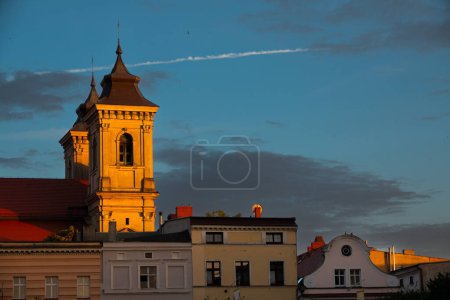 18.07.2022 historic house on the market in Leszno at dusk. Poland.