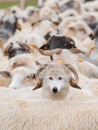 Photo for Wolf in sheep's clothing among the between sheeps - Royalty Free Image