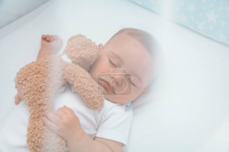 Photo for Closeup portrait of a cute little child asleep in the crib with soft toy bear under white gentle canopy. Peaceful time at home. Healthy childhood. - Royalty Free Image