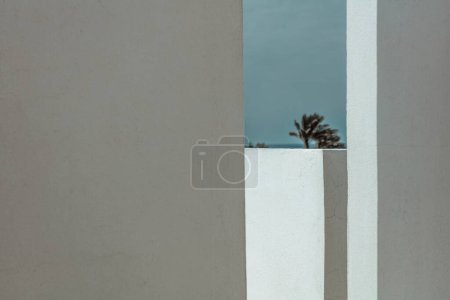 Téléchargez les photos : Photo rapprochée d'un mur blanc d'un bâtiment par temps ensoleillé. Minimalisme dans la conception architecturale d'une maison. Vacances d'été fond. - en image libre de droit