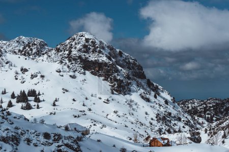 Photo for Amazing winter view. Luxury little cottages among high Lebanese mountains covered with clear white snow. Winter vacation at the ski resort. - Royalty Free Image