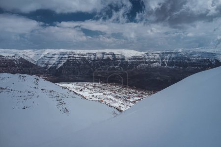 Photo for Beautiful Peaceful Landscape of High Mountains Covered with Snow in Sunny Day. Cold Winter Weather. Lebanon. - Royalty Free Image
