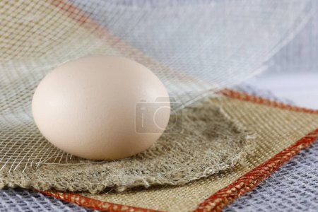 Photo for One hen's egg was placed on fabrics made of artificial fibers and linen - Royalty Free Image