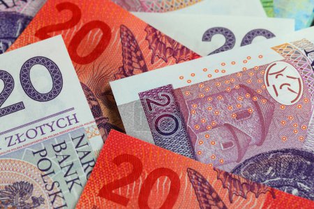 Varios billetes que muestran denominaciones de 20 zloty polacos y denominaciones de 20 francos suizos están codo con codo. Estos billetes se pueden utilizar para ilustrar muchos temas financieros diferentes.