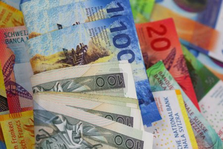 Polnisches und Schweizer Geld. Schweizer Banknoten neben polnischen Zloty-Banknoten. Dieses Thema kann verwendet werden, um viele verschiedene Finanzthemen zu illustrieren. PLN und CHF.