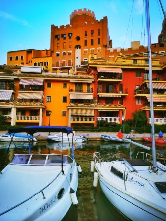 Photo for Multicolored houses of a town on the Valencian coast in the Mediterranean - Royalty Free Image