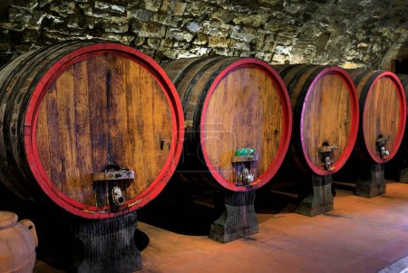Photo for Chianti wine from Sangiovese grapes aging in wooden barrels at a vineyard in the famous wine producing Chianti Classico Region of Tuscany, Italy - Royalty Free Image