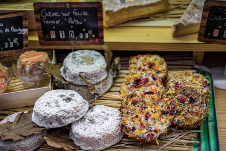 Photo for Mature Poitou goat cheese and goat cheese rounds coated with dried flowers at an artisanal cheese shop in the old town Vieil Antibes, South of France - Royalty Free Image