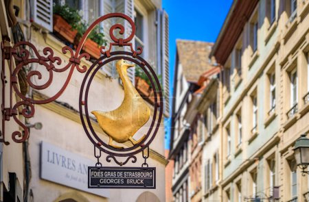 Téléchargez les photos : Strasbourg, France - 31 mai 2023 : Panneau orné d'un canard sur Georges Bruck un fournisseur de foie gras dans une maison traditionnelle à colombages à Carre d'Or - en image libre de droit