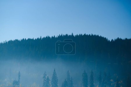 Foto de Cordillera con siluetas visibles a través de la niebla azul de la mañana - Imagen libre de derechos