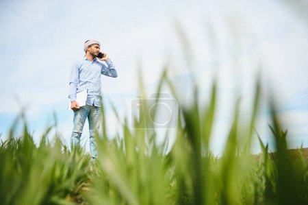 Photo for Portrait of happy young Indian man farmer standing in agriculture land surround by crop holding smartphone talking to someone, smiling village male with mobile phone in field, technology concept. - Royalty Free Image