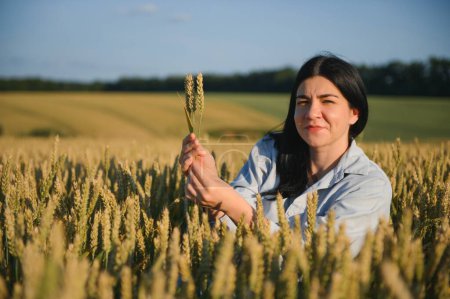 Foto de Mujer agricultora en un campo de trigo al atardecer - Imagen libre de derechos