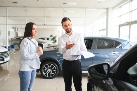 Satisfait heureux caucasien femme cliente femme assise au volant de nouvelle voiture homme boutique assistant l'aider à choisir.