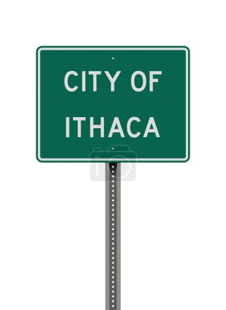 Illustration for Vector illustration of the Ithaca City (New York) green road sign on metallic post - Royalty Free Image