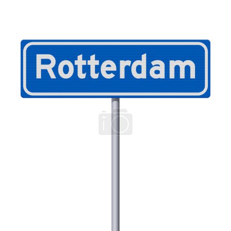 Téléchargez les illustrations : Illustration vectorielle de la signalisation routière bleue d'entrée de la ville de Rotterdam (Pays-Bas) sur des poteaux métalliques - en licence libre de droit