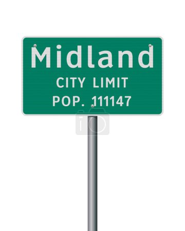 Vector illustration of the Midland (Texas) City Limit green road sign on metallic pole