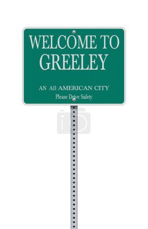 Foto de Ilustración vectorial de la señal de tráfico verde Welcome to Greeley (Colorado) City Limit en postes metálicos - Imagen libre de derechos