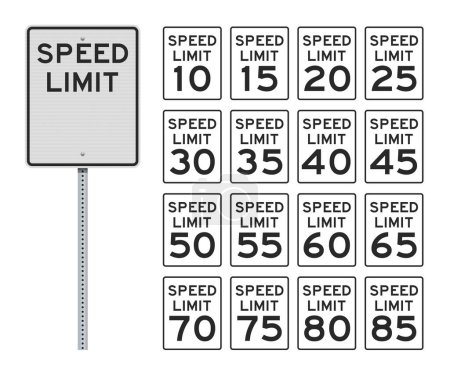 Téléchargez les illustrations : Illustration vectorielle des panneaux de signalisation American Speed Limit sur poteau métallique (numéros facilement modifiables) - en licence libre de droit
