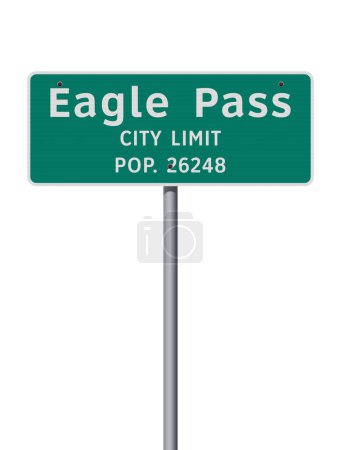 Ilustración vectorial de la señal de tráfico verde Eagle Pass (Texas) City Limit en poste metálico