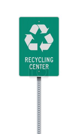 Foto de Ilustración vectorial de la señal verde del camino del centro de reciclaje en el poste metálico - Imagen libre de derechos