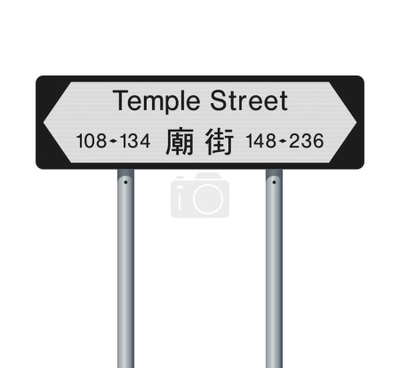 Illustration vectorielle de Temple Street (Hong Kong) panneau routier blanc et noir avec traduction chinoise