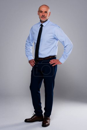 Foto de Retrato de un hombre confiado CEO de pie en un fondo gris aislado. El gerente maduro lleva camisa y corbata. Copiar espacio. - Imagen libre de derechos