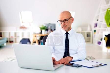 Téléchargez les photos : Homme d'affaires d'âge moyen assis au bureau et utilisant un ordinateur portable pour le travail. Homme exécutif portant chemise et cravate et travaillant sur un état financier. - en image libre de droit