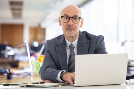 Foto de Hombre de negocios de mediana edad sentado en la oficina y usando un cuaderno para trabajar. Hombre profesional confiado que usa traje y corbata. - Imagen libre de derechos