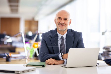 Téléchargez les photos : Homme d'affaires d'âge moyen assis dans le bureau et utilisant un ordinateur portable pour le travail. Homme professionnel confiant portant costume et cravate. - en image libre de droit