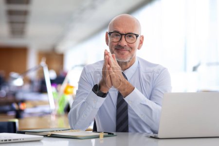 Téléchargez les photos : Homme d'affaires d'âge moyen assis dans le bureau et utilisant un ordinateur portable pour le travail. Homme professionnel confiant portant chemise et cravate. - en image libre de droit