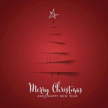 Simple red vector christmas card template with tree made from  paper cut stripes. Simple minimalist dark christmas card template made from shadows.