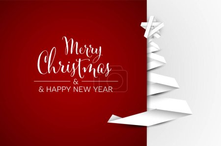 Illustration for Christmas tree card template made from white  paper stripe ribbon with christmas wish text. Simple minimalistic christmas tree template layout on white and red background. - Royalty Free Image