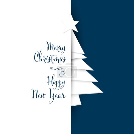 Ilustración de Plantilla simple de tarjeta de navidad de vector blanco y azul oscuro con árbol hecho de rayas de papel blanco sobre un fondo azul oscuro con lugar para su texto de Navidad - Imagen libre de derechos