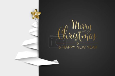 Weihnachtsbaumkarten-Vorlage aus weißem Papierband mit Weihnachtswunschtext. Einfaches minimalistisches Weihnachtsbaum-Template-Layout auf weißem und dunkelgrauem Hintergrund.