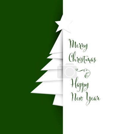 Ilustración de Plantilla de tarjeta de navidad de vector blanco y verde oscuro simple con árbol hecho de rayas de papel blanco sobre un fondo verde oscuro con lugar para su texto de Navidad - Imagen libre de derechos