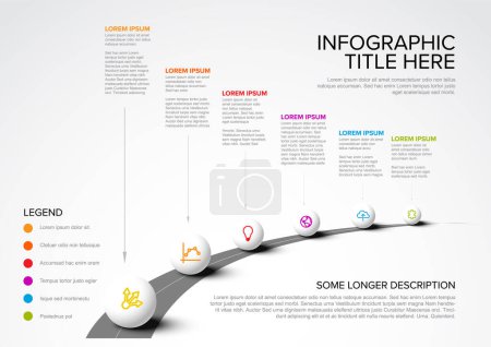 Illustration for Vector Infographic Company Milestones Timeline Template with wig spherees and arrow pointers on a curved road line - multipurpose infographic steps timeline - Royalty Free Image