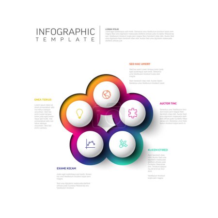 Illustration for Vector multipurpose Infographic template with title and five sphere elements options around. Multipurpose Infochart with modern colors. Infographic with colorful options and white background - Royalty Free Image