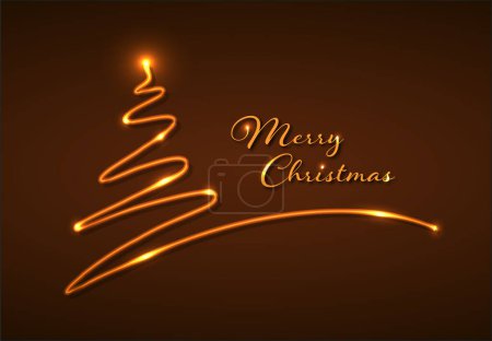 Illustration for Christmas card with christmas tree made by one stroke from golden neon tube, some lights and place for your text - golden version - Royalty Free Image