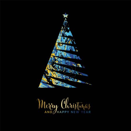 Vector blau und gelb moderne, trendige Weihnachtskarte mit abstrakt gestreiftem Dreieck-Weihnachtsbaum und minimalistisch schlichtem Schriftzug. Frische Farbe trendy frohes neues Jahr Kartenlayout. 