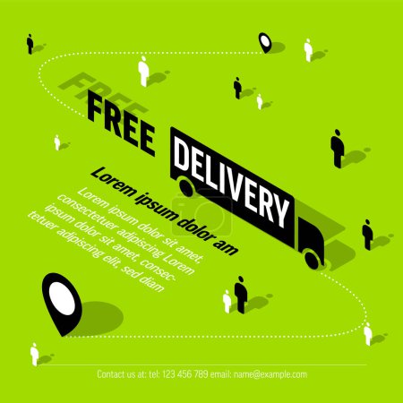 Illustration for Free delivery shipping flyer advertisement banner with car icon and light shadow. Banneror header for eshop on green background. - Royalty Free Image