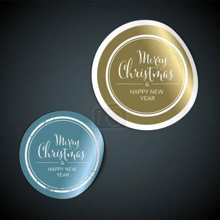 Vector Weihnachtsaufkleber - silber und golden auf dunklem Hintergrund mit dem Text Frohe Weihnachten und ein gutes neues Jahr auf dem Kreis-Etikett