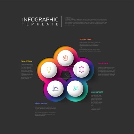 Illustration for Vector dark multipurpose Infographic template with title and five sphere elements options around. Multipurpose Infochart with modern colors. Infographic with colorful options and black background - Royalty Free Image