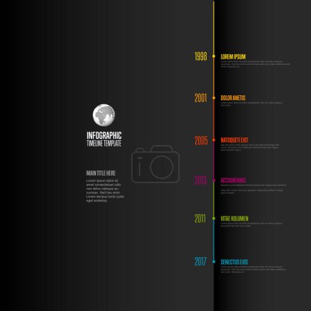 Illustration for Vector dark vertical progress timeline template with six years milestones with descriptions. dark colorful timeline with color headlines on folded paper - Royalty Free Image