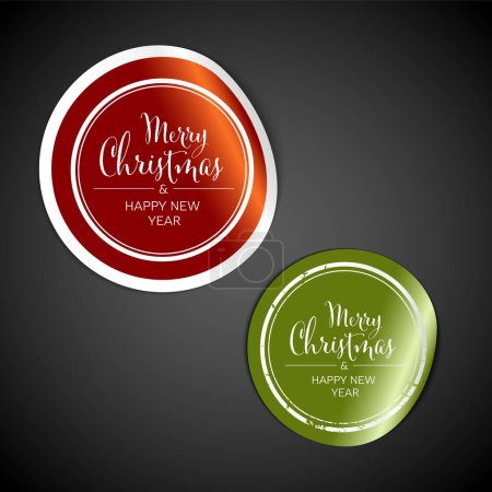 Illustration for Vector christmas stickers - red and green circle tag labels on dark background with the text Merry Christmas and happy new year on the circle sticker - Royalty Free Image