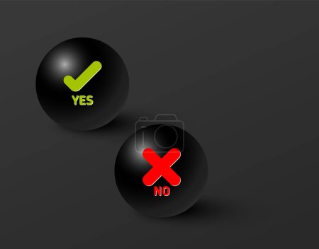Ilustración de Conjunto de iconos minimalistas frescos para varios estatus - sí, no, aceptar, cancelar en esferas de bolas negras sobre fondo de gradiente gris oscuro - color verde y rojo - Imagen libre de derechos
